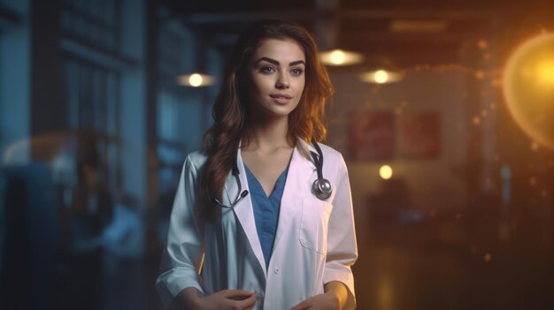 A woman in a white lab coat stands in a dark room with a light on the wall behind her