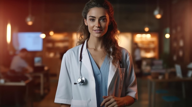 A woman in a white lab coat stands in front of a computer screen