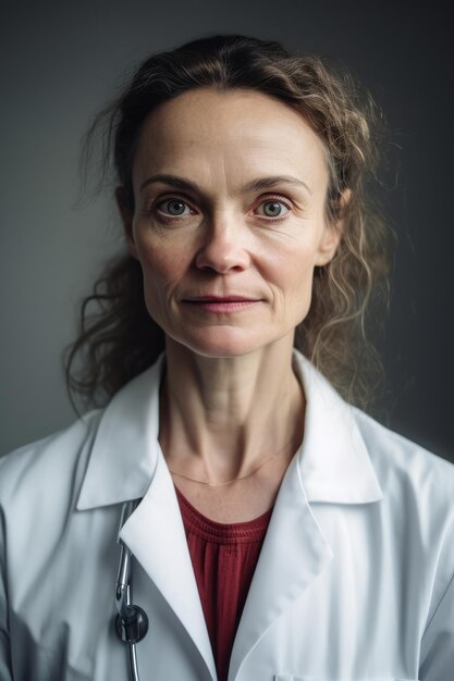 A woman in a white lab coat stands in front of a grey wall.