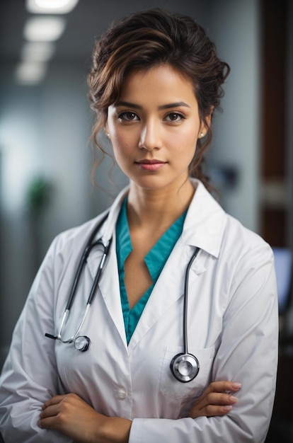 a woman in a white lab coat stands in front of a monitor.