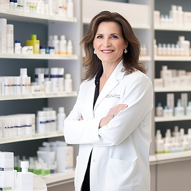 A woman in a white lab coat stands in front of a shelf of beauty products.