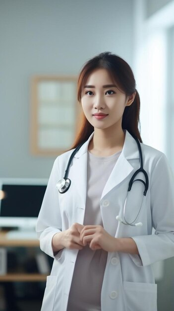 Photo a woman in a white lab coat stands in front of a window and holds her hands with her hands