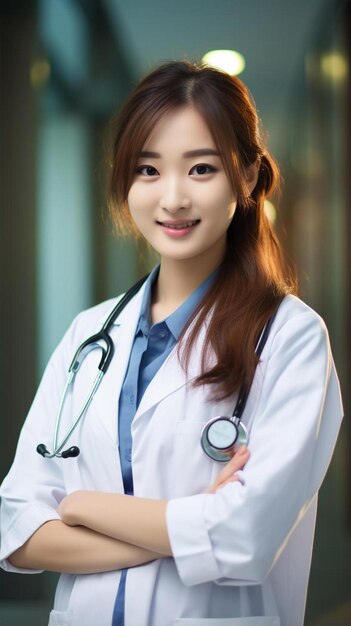 Photo a woman in a white lab coat stands in front of a window