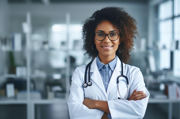 A woman in a white lab coat stands in a hospital with her arms crossed.