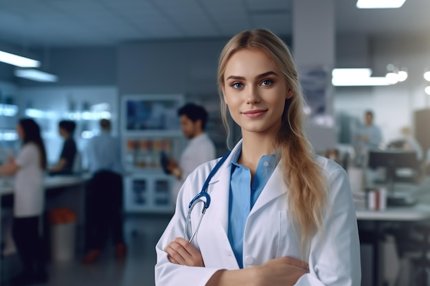 A woman in a white lab coat stands in a hospital with a man in the background.