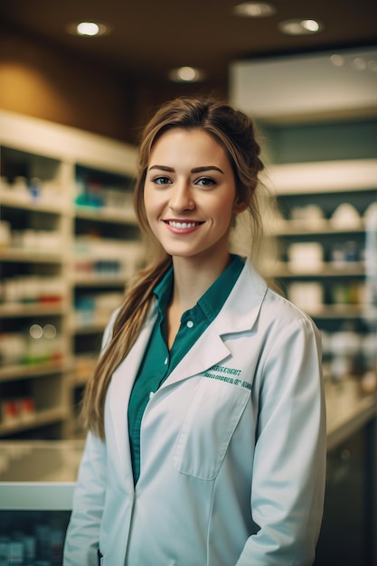 A woman in a white lab coat stands in a pharmacy.