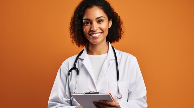 A woman in a white lab coat with a clipboard and a stethoscope.