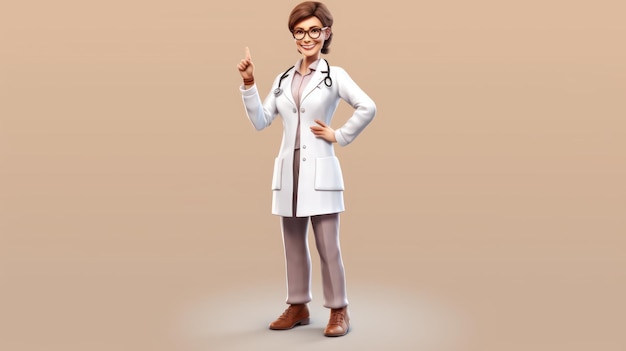 A woman in a white lab coat with a raised index finger pointing up.