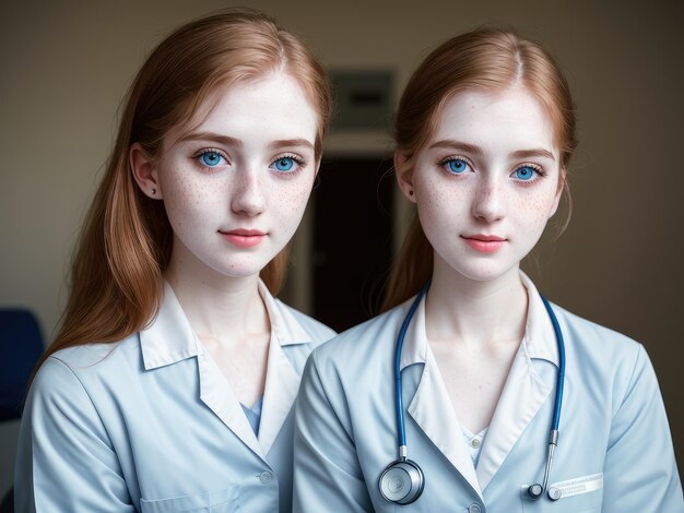 A woman in a white lab coat with stethoscope around her neck looks at the camera