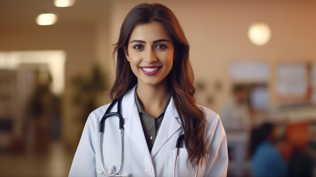 A woman in a white lab coat with a stethoscope around her neck stands in a hospital hallway.