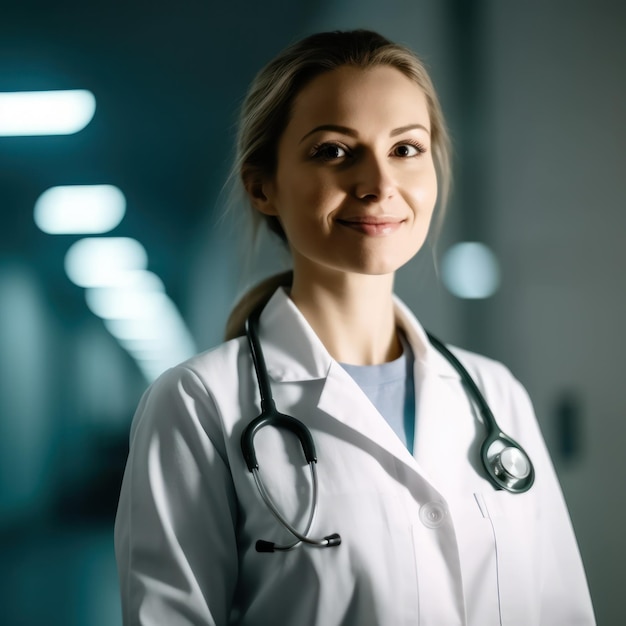 Una donna in camice bianco da laboratorio con uno stetoscopio intorno al collo.