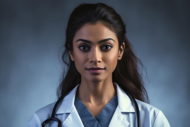 Photo a woman in a white lab coat with a stethoscope on her neck stands in front of a dark background.
