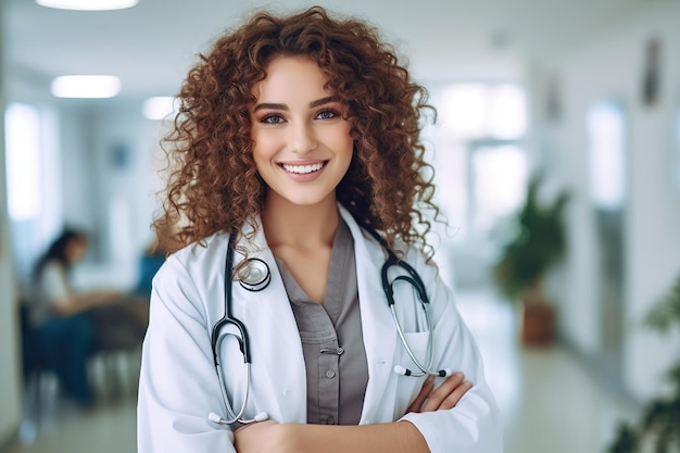 A woman in a white lab coat with a stethoscope on her neck stands in a hospital corridor.