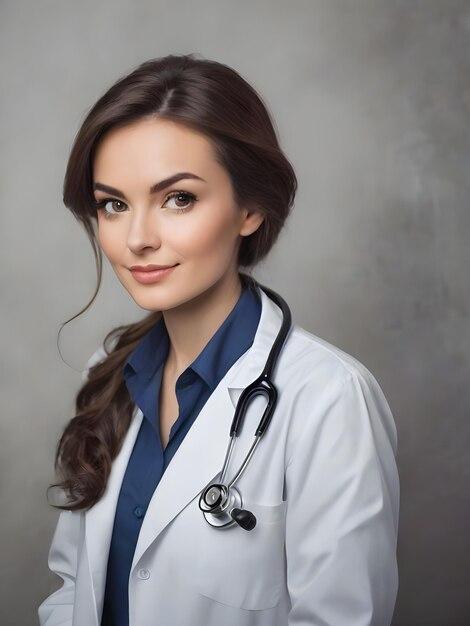 a woman in a white lab coat with a stethoscope on her neck