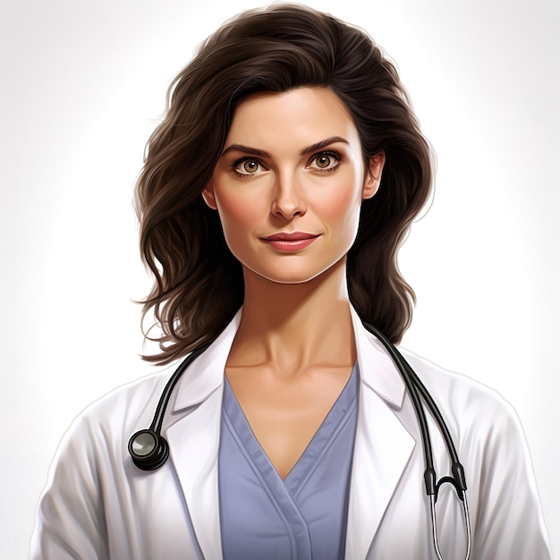 A woman in a white lab coat with a stethoscope on her neck.