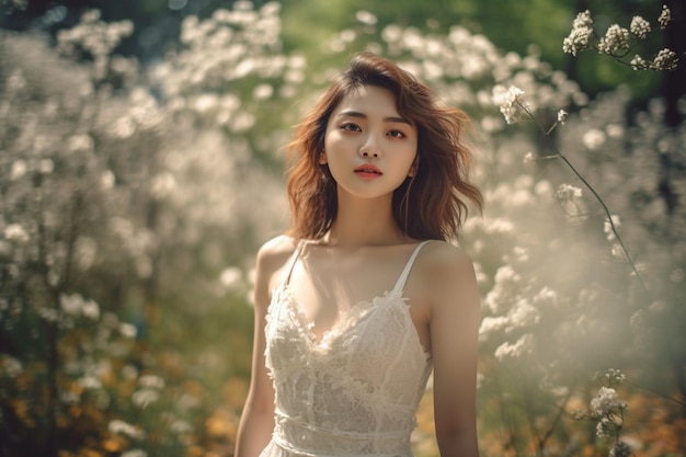 Woman in a white lace dress stands in a field of flowers