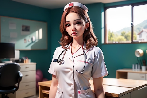 A woman in a white nurse uniform stands in a classroom with a blue wall behind her.