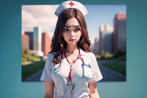 A woman in a white nurse uniform stands in front of a cityscape.