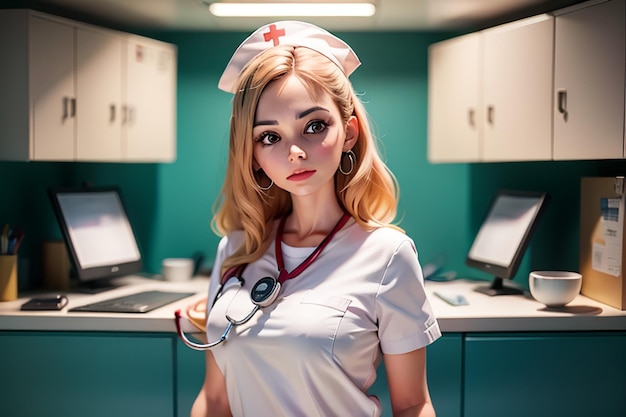 A woman in a white nurse uniform stands in front of a desk with two computers.