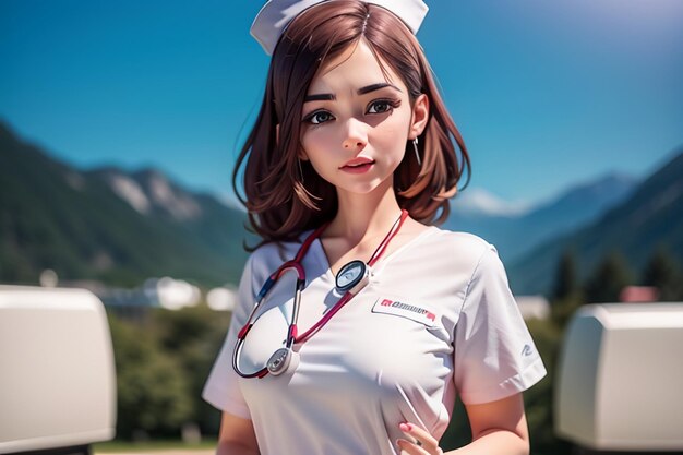 A woman in a white nurse uniform stands in front of a mountain.