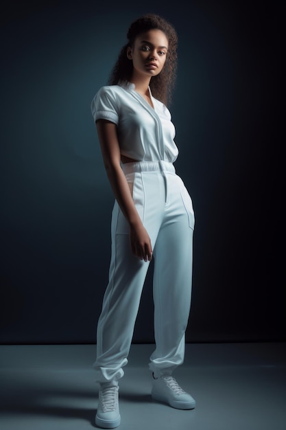 Photo a woman in a white outfit stands in front of a dark background.