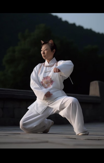 A woman in a white outfit with a cat on her ears