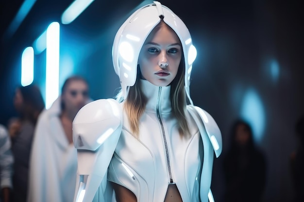 A woman in a white outfit with a hood on generative AI