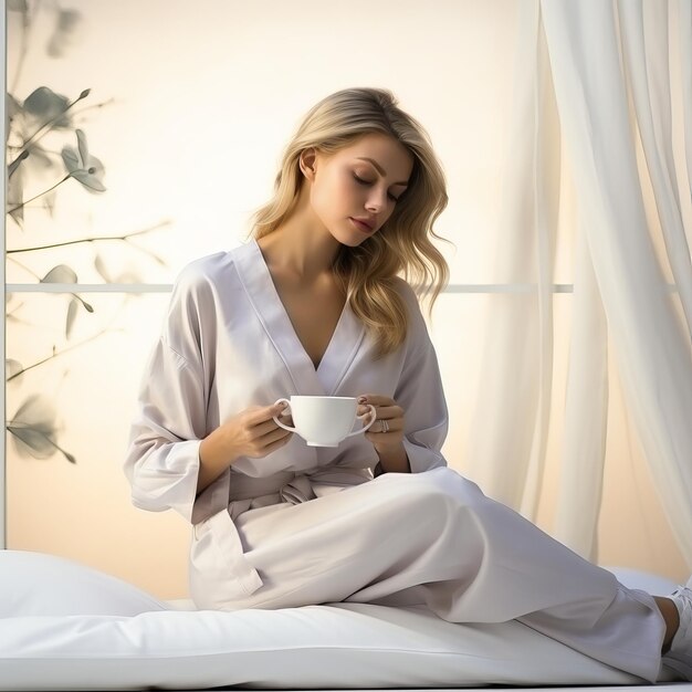 A woman in white pajamas and a bright room drinks coffee or tea has breakfast in a calm atmosphere