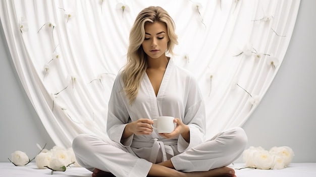 A woman in white pajamas and a bright room drinks coffee or tea has breakfast in a calm atmosphere