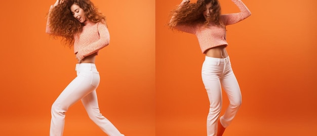 a woman in white pants and a shirt with the back of her back and back
