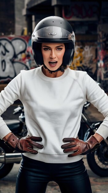 Photo woman in white pullover with motorcycle helmet