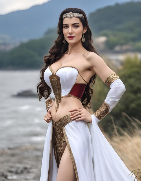 a woman in a white and red dress is posing on a beach