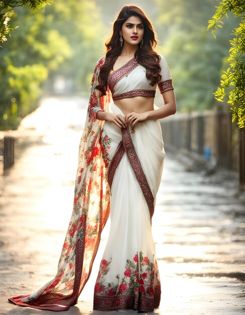 a woman in a white and red dress is standing on a path