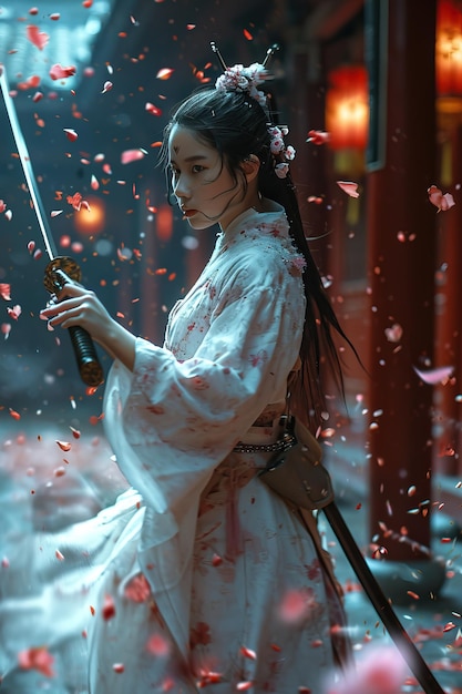 Photo a woman in a white robe holding a sword