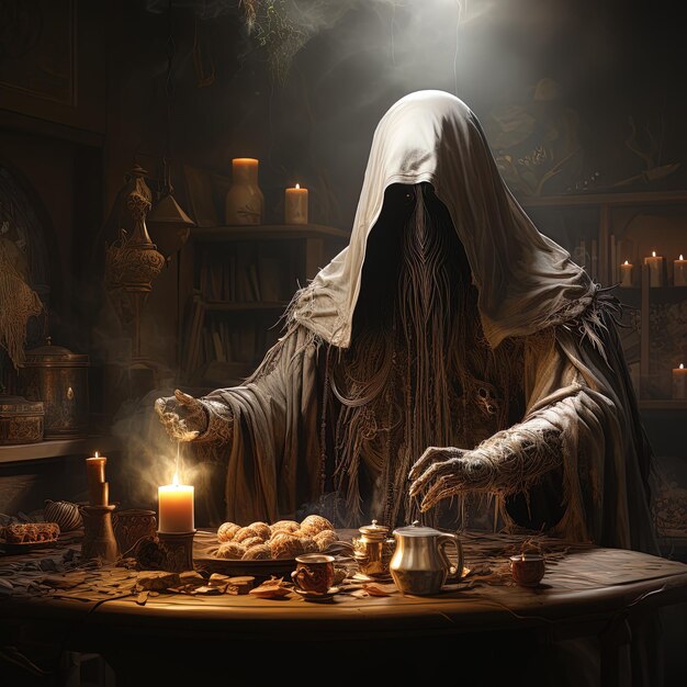 Photo a woman in a white robe is cooking with a candle in front of a table with other items