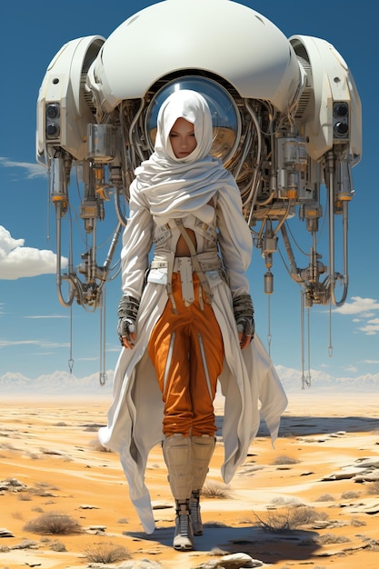 a woman in a white robe standing in a desert