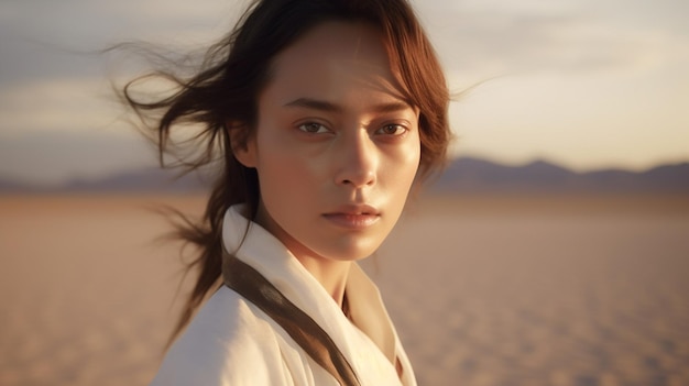 Foto una donna vestita di bianco si trova nel deserto.
