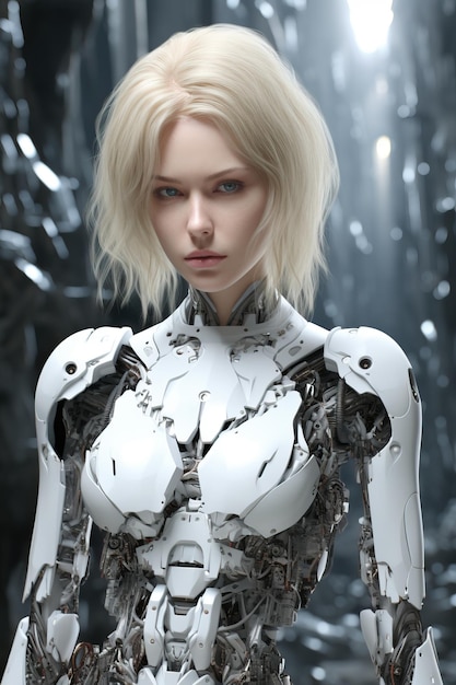 a woman in a white robot suit