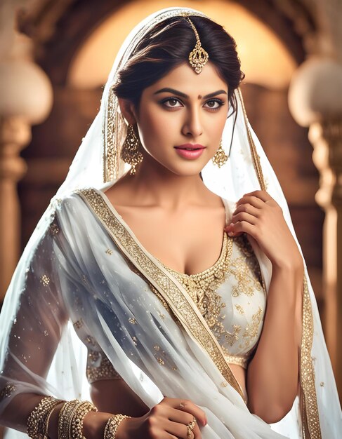 Photo a woman in a white sari with a gold crown on her head