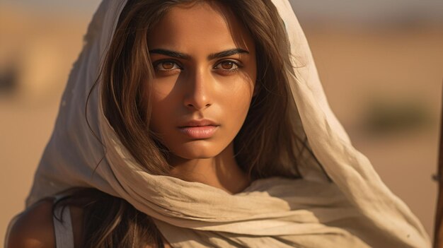 A woman in a white scarf looks into the camera.