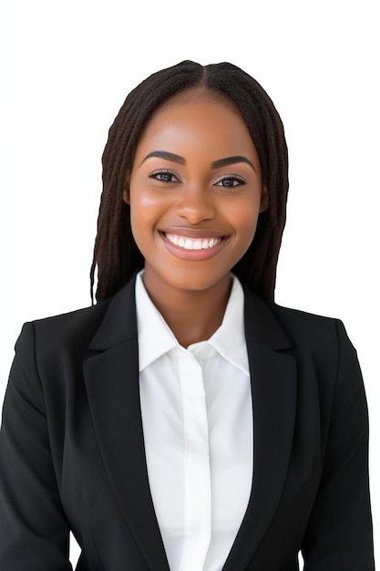 a woman in a white shirt and black blazer is smiling