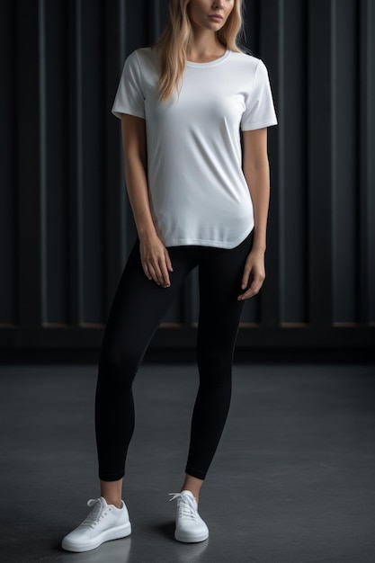 Premium Photo  A woman in a white t - shirt and black leggings stands in a  alley.