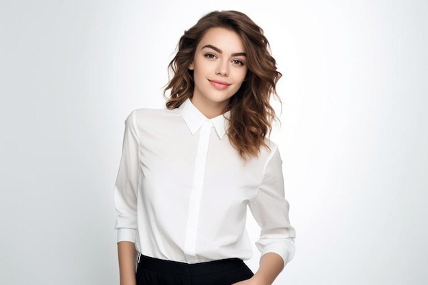 a woman in a white shirt and black pants poses for a photo.