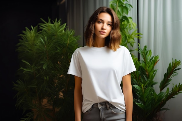 Woman in white shirt and black pants standing in front of plant Generative AI