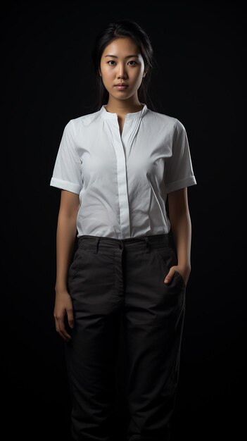 A woman in a white shirt and black pants stands against a black background