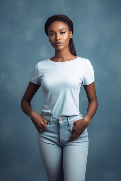 A woman in a white shirt and blue jeans stands in front of a blue background.