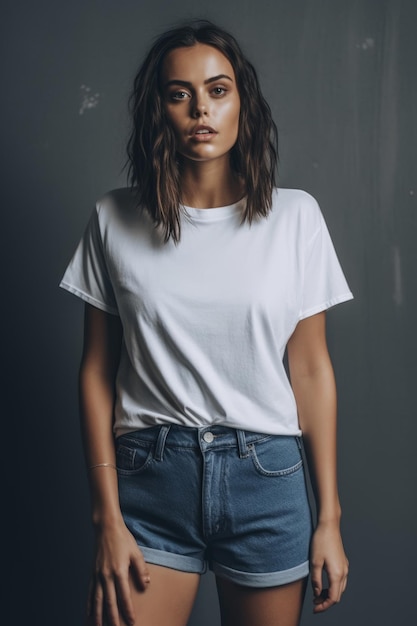 Photo a woman in a white shirt and blue jeans stands in front of a gray wall.