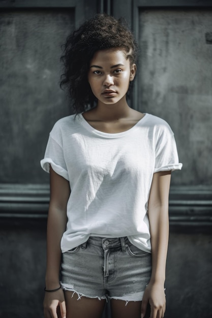 A woman in a white shirt and gray jeans stands in front of a gray wall.