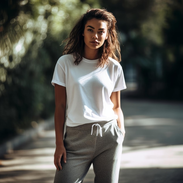 A woman in a white shirt and gray pants stands on a road.