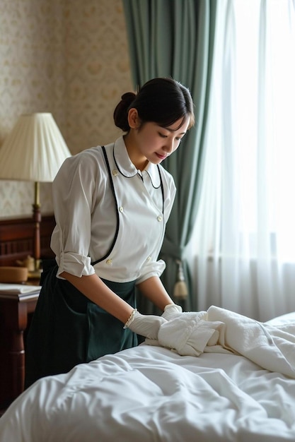 Photo a woman in a white shirt and green skirt standing over a bed